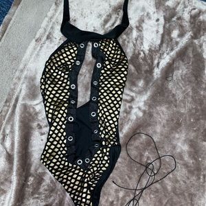 Fishnet nude color lining bartender bodysuit